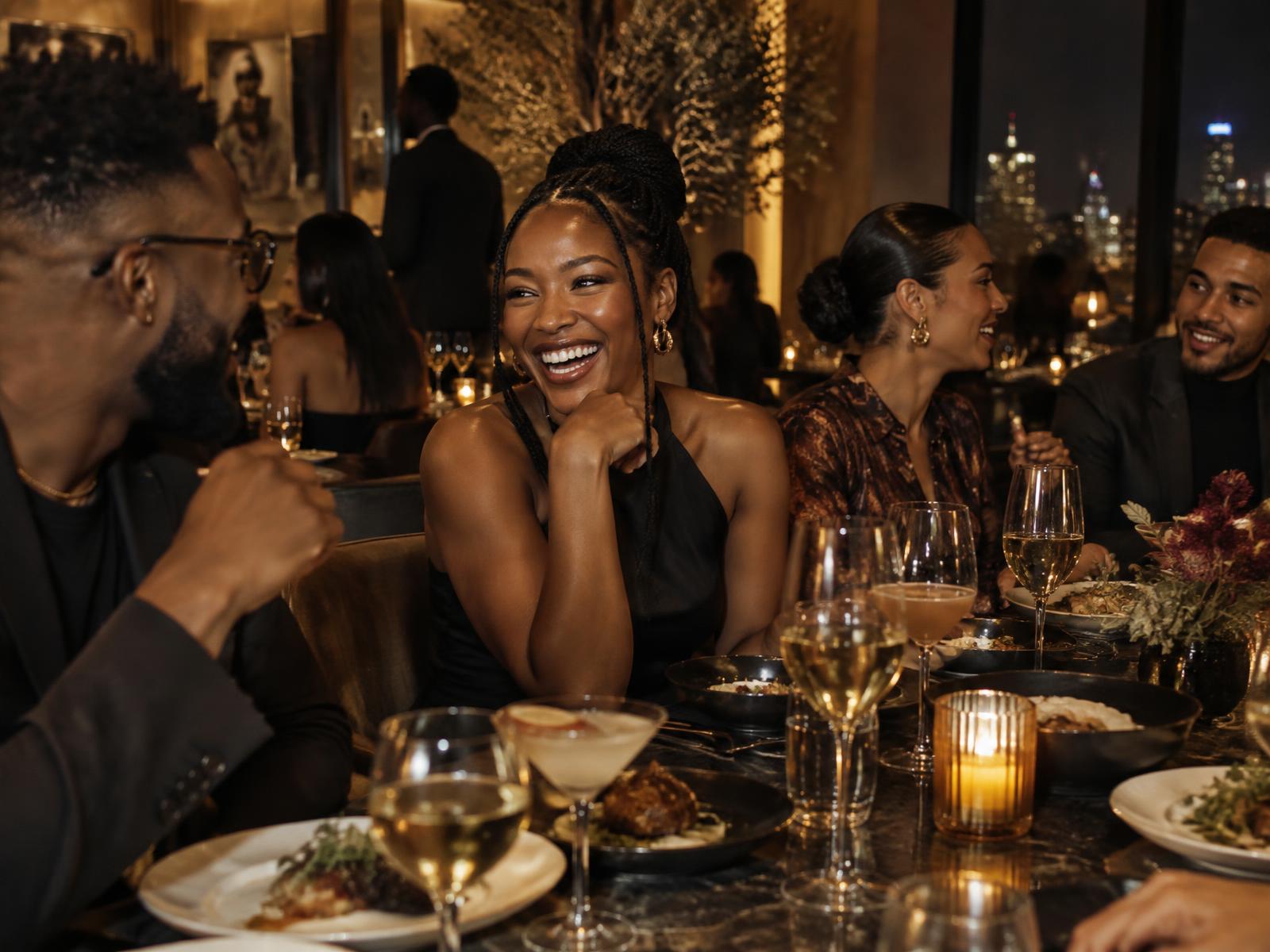 New friends laughing over dinner