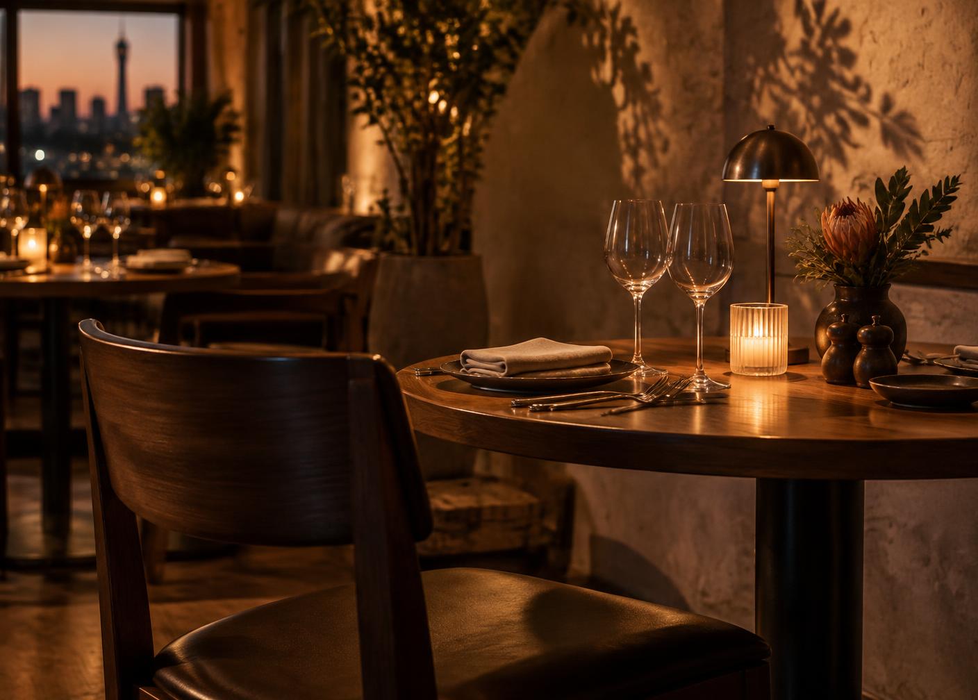 An empty chair waiting at a warmly set restaurant table